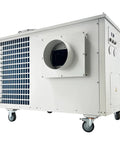 Heavy Duty Portable Air Conditioner With Rollin Wheels And Hella Cooling Power For Commercial Shops And Outdoor Hangouts Runs On 220V Three Phase Voltage, side view showing cooling vent and casters.