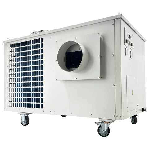 Heavy Duty Portable Air Conditioner With Rollin Wheels And Hella Cooling Power For Commercial Shops And Outdoor Hangouts Runs On 220V Three Phase Voltage, side view showing cooling vent and casters.