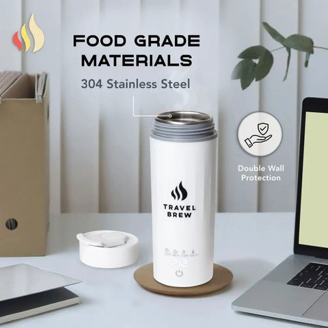 Portable Travel Electric Kettle With Tea Infuser, Mini 4 Temperature Settings, white, on desk next to laptop lid and box.