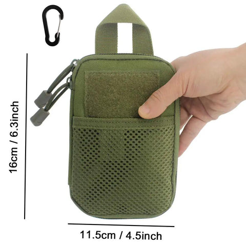 Hand holding Rugged Fire Starter Survival Kit green carry bag with dimensions; includes large ferro rod and striker, hemp wick, paracord lanyard