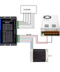 StepperOnline DM542T CNC stepper driver; 36V PSU and NEMA 23 motor (front view)