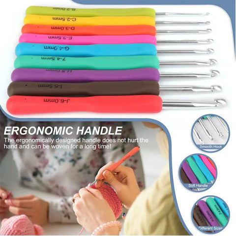 85-Piece Crochet Hooks Kit With Case, Ergonomic Hooks In Stainless And Aluminum displayed with colorful handles