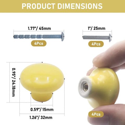 Light Yellow Ceramic Cabinet Knobs 4 Pack Round Drawer Pulls With Trimmed M4 Screws dimensions showing size and screws.