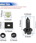 Product size chart for Tough As Nails Stainless Steel License Plate Screw Kit showing dimensions of screws, mounts, and caps.
