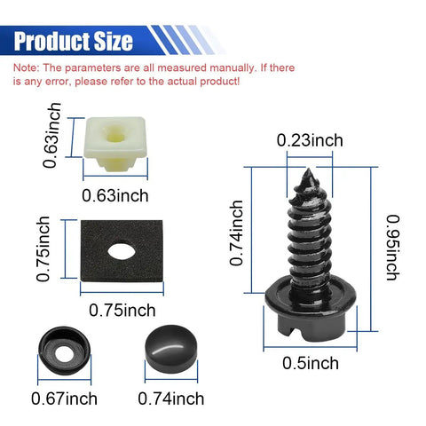 Product size chart for Tough As Nails Stainless Steel License Plate Screw Kit showing dimensions of screws, mounts, and caps.