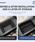 Before and after images of Custom Cut Center Console Organizer For Tesla Cybertruck 2024 And 2025, showcasing storage enhancement.