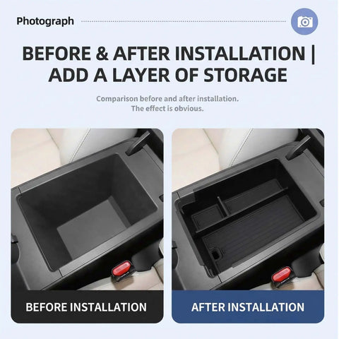 Before and after images of Custom Cut Center Console Organizer For Tesla Cybertruck 2024 And 2025, showcasing storage enhancement.