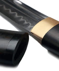 Close-up of Hand Forged Japanese Tanto Short Sword 15 Inch Tempered T10 Steel with Full Tang Ebony Wood Sheath and Bamboo Nail Accents.