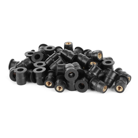 M5 Rubber Wellnuts Push Rivet Fasteners for Motorcycle Windscreen Fairing Clips, set of 50 pieces, black rubber with brass inserts.