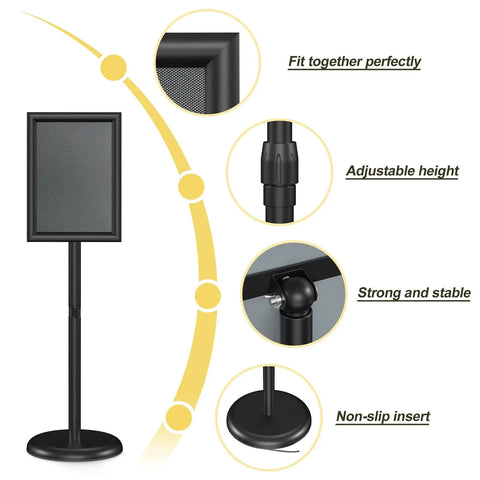 Sign Holder Floor Stand 8.5x11 Inch With Adjustable Height And Tilt Heavy Duty Base Snap Open Frame Floor Display for stability