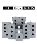 Front view of six grey aluminum IP67 push-button switch control boxes with 22mm knockout holes and white caps