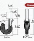 Dimensions diagram for 5 Inch Scaffolding Caster Wheels Set Of Four With Dual Locking Swivel Casters And One And A Quarter Inch Square Stem