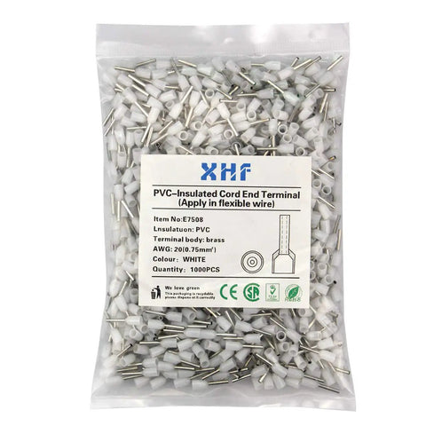 1000 Pcs Insulated Copper Wire Ferrules And Crimp Connectors, 20 AWG 0.75mm2, White Cord End Terminals Tin Plated, bag of white PVC cord end terminals