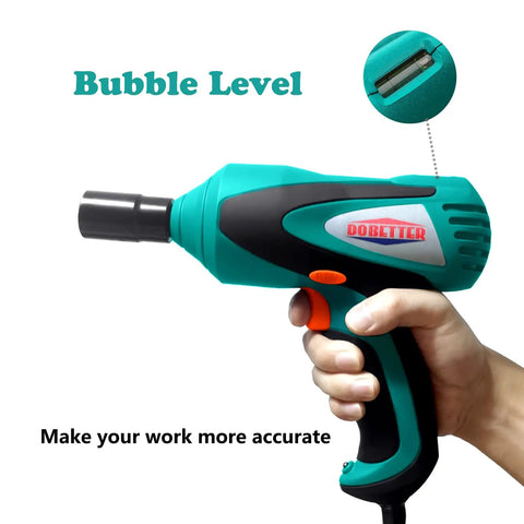Person holding Beefy 12V Half Inch Corded Impact Wrench Kit with LED light and bubble level close-up view