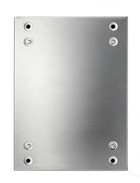 Beefy Stainless Steel Electrical Junction Box Enclosure With Wire Entry Hole, Waterproof And Dustproof For Outdoor Power Distribution, Industrial Grade, Weatherproof, Secure Cable Management. stainless steel front view