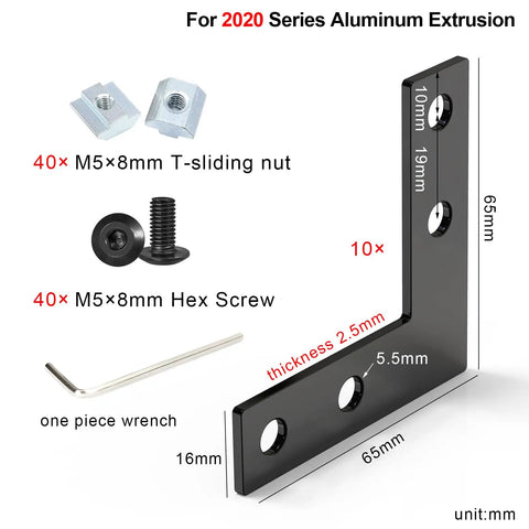 10 Sets Black L Connector Brackets With 40 M5 T Slot Nuts And 40 M5x8mm Hex Socket Cap Screws For 6mm Slot 2020 Aluminum Profile