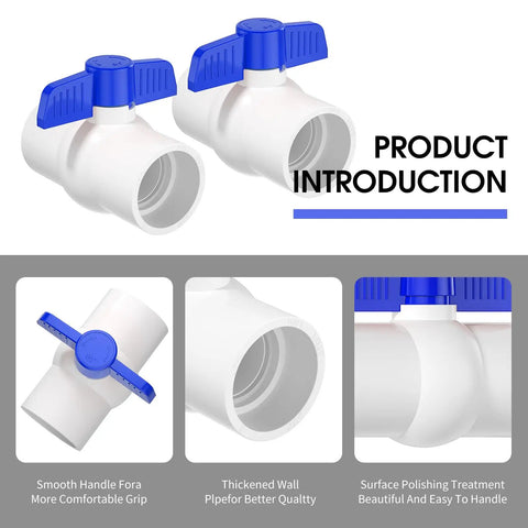 Three Fourth Inch PVC Ball Valve With No Fuss Easy Turn Blue T Handle SCH40 Slip Socket Shutoff For Pools Sprinklers Outdoor Irrigation Durable Leakproof PVC Plumbing Valve Kit, product introduction with multiple views of valve design