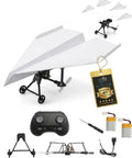 Remote Control Paper Airplane Kit With Gyro Stabilizer And Dual Propellers, Foldable Lightweight Glider, accessories shown.