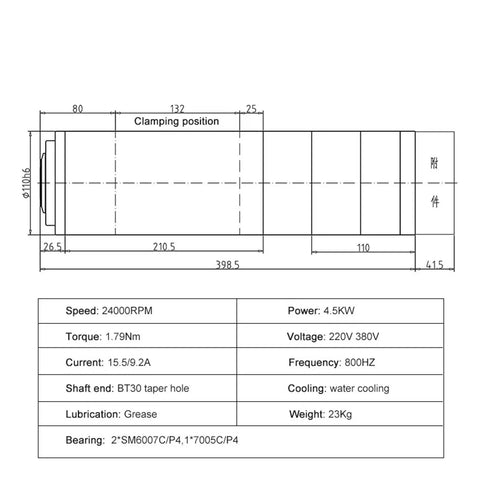 Heavy Duty Water Cooled Cnc Spindle Motor 4.5Kw Bt30 Taper with dimensions, specifications, and cooling features illustrated.