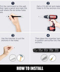 Installation guide for 2 Pack Wall Mounted Mop And Broom Holder Organizer With Five Ball Slots And Six Hooks, showing steps with tools.