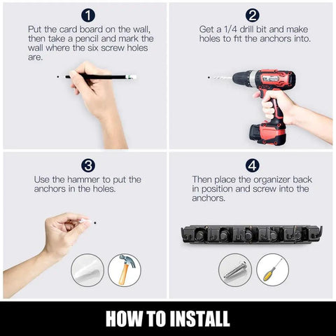 Installation guide for 2 Pack Wall Mounted Mop And Broom Holder Organizer With Five Ball Slots And Six Hooks, showing steps with tools.