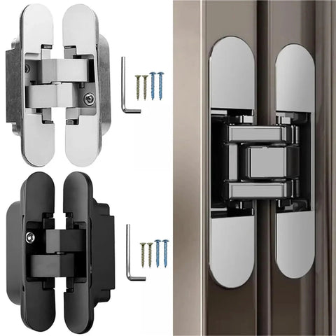 Three Dimensional Invisible Door Hinges For Wooden Doors And Aluminum Frame Doors Hidden Folding Doors 180 Degree Inside And Outside Open Black Finish Zinc Alloy Die Cast And 304 Stainless Steel Construction