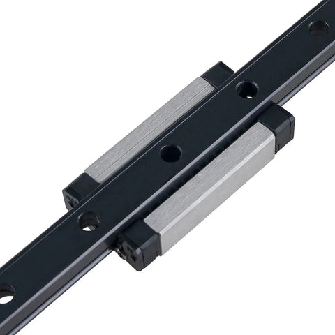 Close-up of MGN9H Black Linear Guide Rail 400mm with MGN9H Bearing Steel Carriage Block for Ender 3 CoreXY Tronxy 3D Printers upgrades and CNC Machines.