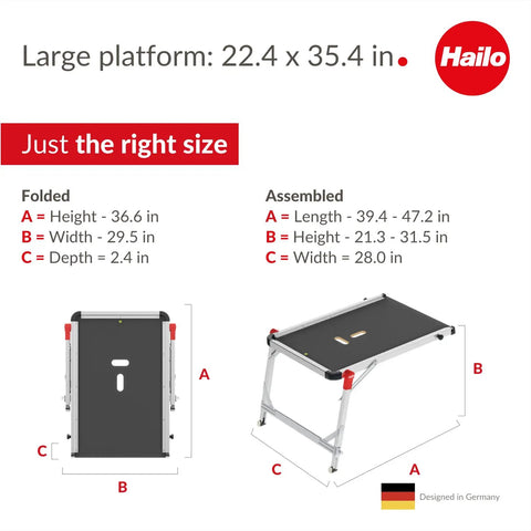 Image of Aluminum Staircase Platform with height adjustable telescopic rails, folded and assembled dimensions, designed in Germany.