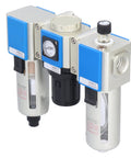 Rugged 1/2 Inch PT Pneumatic Filter Regulator Lubricator Combo For Air Systems With 1.5 MPa Pressure, shown in blue and silver.