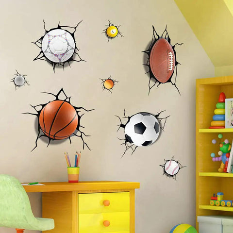 3D Dope Sport Ball Wall Stickers Break Through Kit For Basketball, Football, Rugby, Baseball DIY Sports Decor displayed on wall