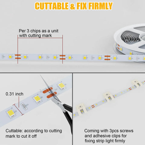 Details of Motion Activated LED Light Strip 16.4ft With Day Or Night Modes, showing cuttable sections and fix options with clips