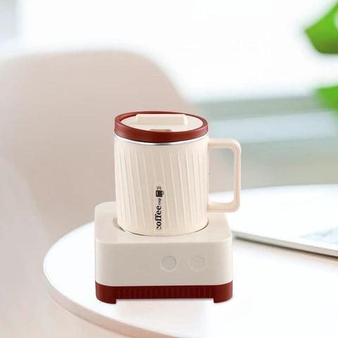 Electric Coffee Warmer And Dual Cooling Mug Goes Hard Keeping Your Drinks Hot Or Cold Exactly When You Want Them Solid Desk Staple For Daily Grind Office Breaks Sweet Gift Milky White Red on desk.