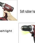 Close-up of Heavy Hitter Cordless Lithium Electric Hammer Drill With Adjustable Speed and Forward Reverse Rotation Smooth Grip Impact Driver, showing soft rubber handle and built-in flashlight.