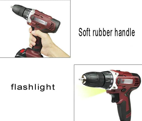 Close-up of Heavy Hitter Cordless Lithium Electric Hammer Drill With Adjustable Speed and Forward Reverse Rotation Smooth Grip Impact Driver, showing soft rubber handle and built-in flashlight.
