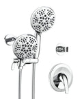 63 Setting Dual Shower Head And Handheld Sprayer 2 In 1 High Pressure Rain Shower Kit With 7 Functions Chrome Finish 3 Way Diverter Valve And Trim Included For Easy Upgrades, shown assembled with chrome finish