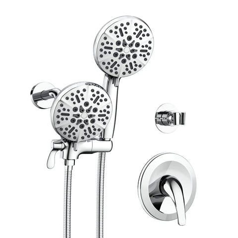 63 Setting Dual Shower Head And Handheld Sprayer 2 In 1 High Pressure Rain Shower Kit With 7 Functions Chrome Finish 3 Way Diverter Valve And Trim Included For Easy Upgrades, shown assembled with chrome finish
