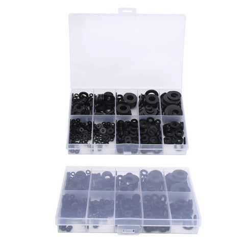 Ultimate Nylon Flat Washers Assortment Kit 500 Pieces For Metric Screws And Bolts M2 To M10 With Insulating Nylon Gaskets And Tough Pro Grade Storage Box Great For DIY Projects And Heavy Use In Shop Or Home Garage. Open organizer with assorted black nylon flat washers