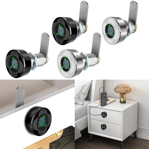 Slick Smart Drawer Fingerprint Lock With Lightning Fast Unlock And No Sweat Charging For TV Console Bedroom Nightstand Shoe Rack And Office Locker In Rock Solid Aluminum Black Setup, detailed view of locks.