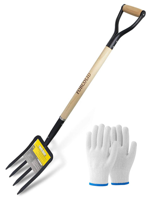 Garden Fork With Four Tine Spading Fork Head 45 Inch Forged Steel Y Grip Wood Handle Red Beefy Built Heavy Duty For Tough Soil Hard Clumps Compost Turning And Bed Prep alongside white gardening gloves