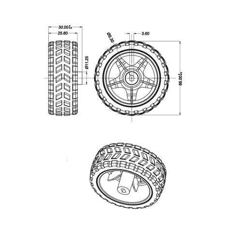 Diagram of Four Pack 65mm Motor Wheels For Smart Car Chassis And RC Robots Light Blue ABS Rubber Build 4 Pack, dimensions detailed.