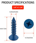 Heavy Duty Quarter Inch By One And Quarter Inch Blue Flat Head Concrete Screw Anchor Set For Cement Stucco Block And Brick Masonry Walls Forty Five Pieces Rust Resistant Carbon Steel Fasteners For Secure Anchoring showing dimensions