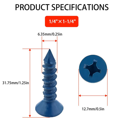 Heavy Duty Quarter Inch By One And Quarter Inch Blue Flat Head Concrete Screw Anchor Set For Cement Stucco Block And Brick Masonry Walls Forty Five Pieces Rust Resistant Carbon Steel Fasteners For Secure Anchoring showing dimensions