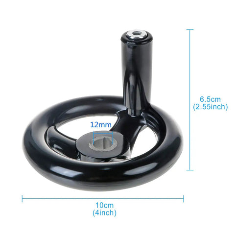 3.94 Inch Hand Wheel With Revolving Handle For Milling Machines, Black 3 Spoked Round Handwheel, 12mm Bore, side view
