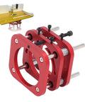 Premium Aluminum Router Table Base With Four Jaw Clamping System And Fifty One Millimeter Precision Lift featuring red clamping brackets.
