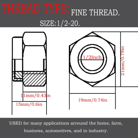 Rugged Nylon Insert Hex Lock Nuts Crafted From Pure 304 Stainless Steel With Fine Half Inch 20 Thread That Grips Machine Bolts Dead Tight Perfect For Workshop Barn And Home Build Outs Pack Of Five diagram showing dimensions and specifications