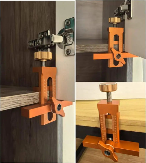 No Sweat Heavy Duty Adjustable Cabinet Door Installation Positioner With Drill Ready Aluminum Build For Slick Hinge Mounting And Quick DIY Kitchen Upgrade Setup views showing its adjustable features and sturdy design.