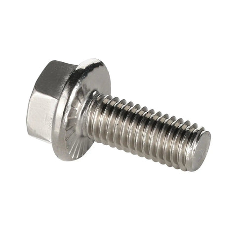 Close-up of Stainless Steel Flanged Hex Bolt 1/4-20 X 3/4 Inch DIN 6921 A2-70, heavy-duty corrosion-resistant flange hex screw view.