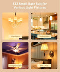 E12 candelabra base suitable for chandeliers, pendant lights, ceiling fans, and wall lamps in various settings.