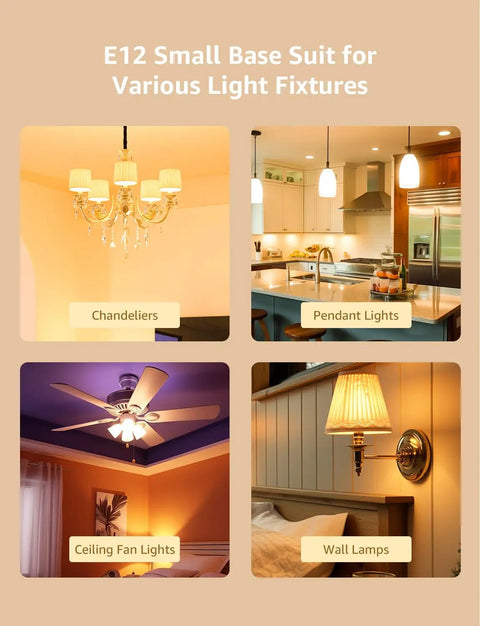 E12 candelabra base suitable for chandeliers, pendant lights, ceiling fans, and wall lamps in various settings.