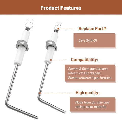 Front view of a 2-pack Rheem/Ruud furnace flame sensors with metal rods and white ceramic insulators.